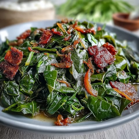 Smoky turkey and tender collard greens simmered with onions and spices for a classic Southern comfort dish.