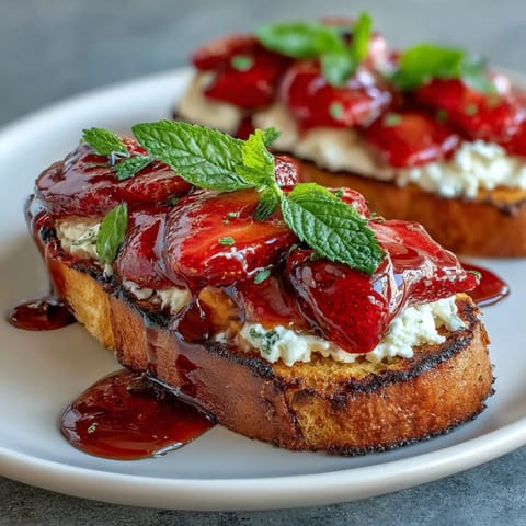 Vibrant balsamic strawberry bruschetta toasts with fresh basil and creamy goat cheese on golden toasted bread.