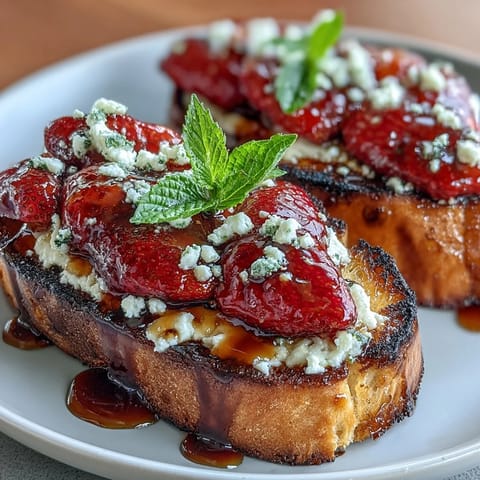 Sweet and tangy balsamic strawberry bruschetta with juicy strawberries, honey, and balsamic glaze on crisp baguette slices.