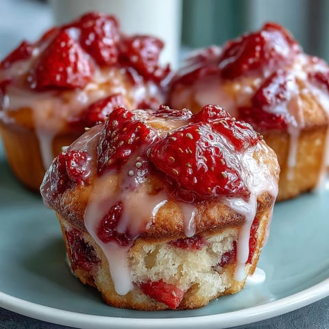 Fresh strawberry muffins with tangy lemon glaze, baked to golden perfection and topped with juicy berries.