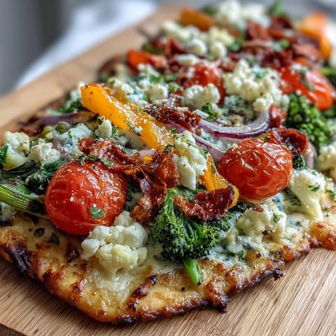 Vibrant St. Patrick's Day Rainbow Veggie Flatbread Pizza with fresh colorful vegetables arranged in festive stripes.