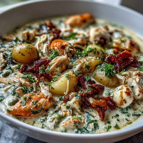 Creamy Slow Cooker Chicken Pot Pie Soup with tender chicken, potatoes, and vegetables in a rich, savory broth.