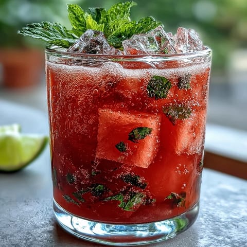 Refreshing watermelon lime sparkling punch served over ice with mint leaves and lime wedges, ideal for warm-weather entertaining.