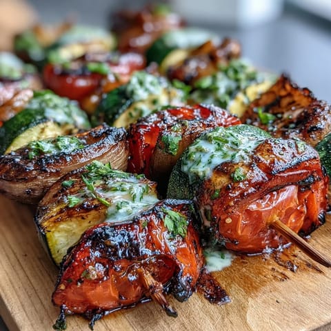 Vibrant grilled vegetable skewers with colorful bell peppers, zucchini, and mushrooms, served with zesty chimichurri sauce.  