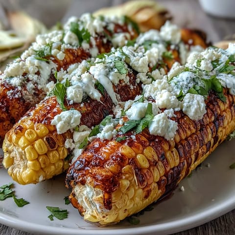 Elote-Style Microwave Corn on the Cob with Cotija cheese, creamy lime sauce, and chili powder, garnished with fresh cilantro.