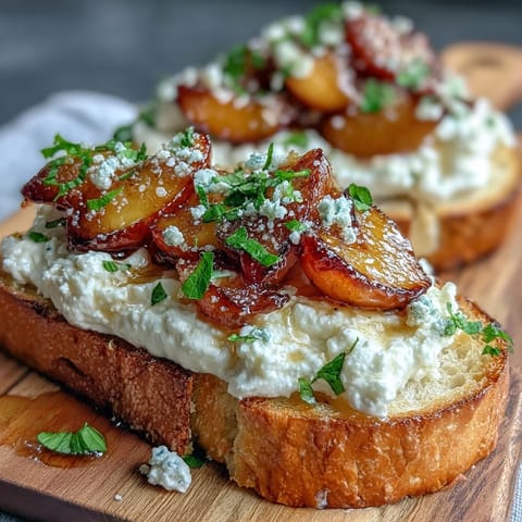 Creamy burrata and ripe peach slices drizzled with honey atop rustic sourdough toast, garnished with fresh basil for a spring brunch treat.