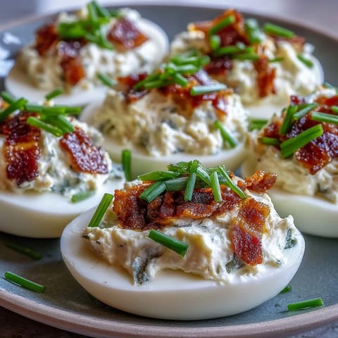 Spicy jalapeño popper deviled eggs with creamy cheese filling, topped with crispy bacon and fresh jalapeño slices.