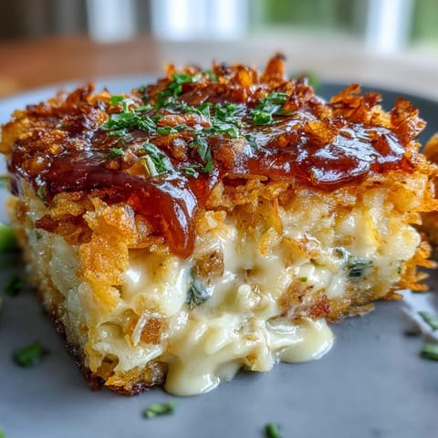Creamy cheesy hash brown casserole with crispy golden topping, baked until bubbly and comforting for Easter dinner.