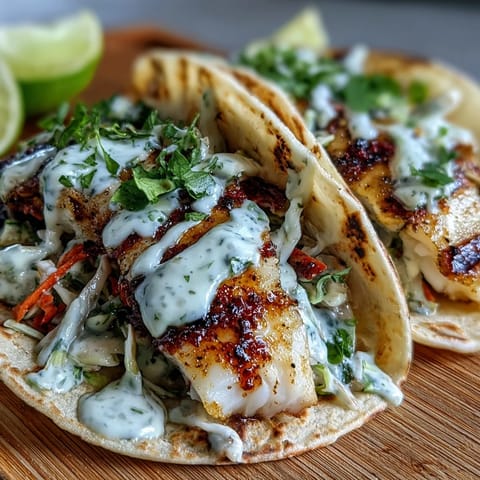 Fresh grilled fish tacos with coconut lime marinade, topped with crunchy cabbage slaw and creamy sauce, perfect for summer.  