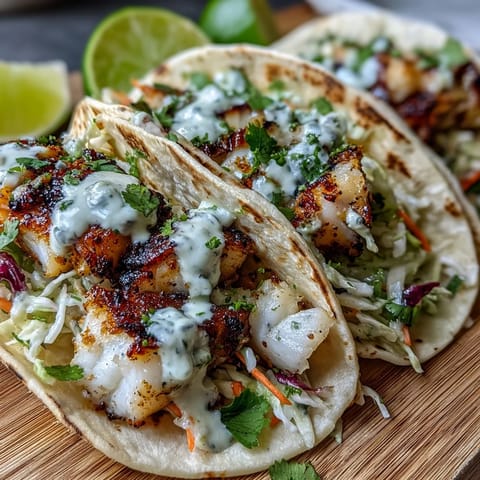 Coconut lime marinated fish tacos served in warm tortillas with zesty slaw and tangy crema for a bright, refreshing meal.  