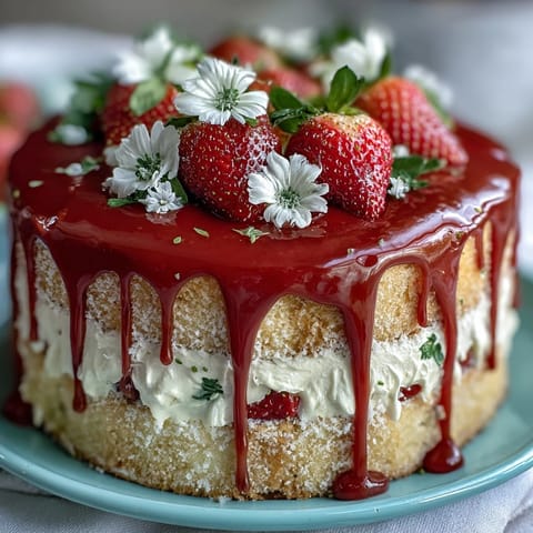 Spring Cake: Floral Drip Cake with Strawberry Frosting, a stunning layered vanilla cake with fresh strawberry buttercream and white chocolate drip, adorned with edible flowers.