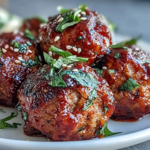 Golden-brown Spicy Chili Honey Turkey Meatballs glisten with a glossy red glaze, garnished with fresh green onions and sesame seeds.