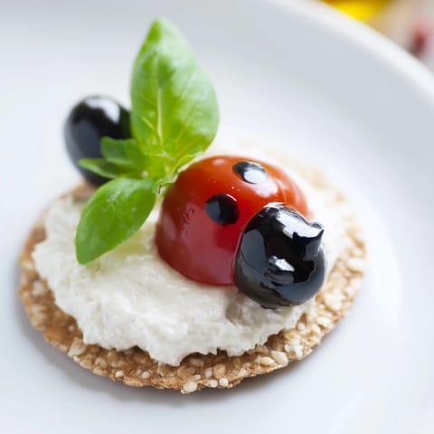 Creamy Ladybug Love Picnic Finger Foods topped with halved tomatoes and black olive heads.