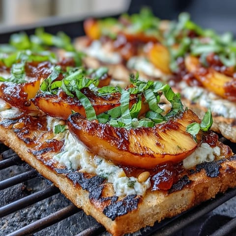 Juicy grilled peaches and melted Brie cheese on a crispy flatbread with BBQ drizzle.  