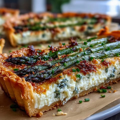 Creamy ricotta and fresh asparagus tart topped with lemon and chives, baked to golden perfection for an elegant vegetarian appetizer.