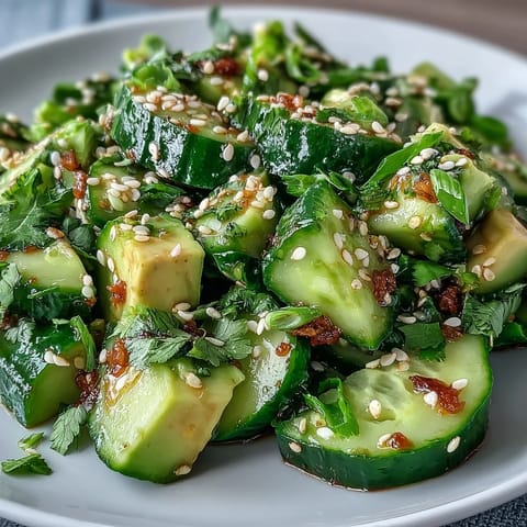 A vibrant smashed cucumber and avocado salad with sesame dressing, topped with green onions and toasted seeds for a refreshing vegan lunch.