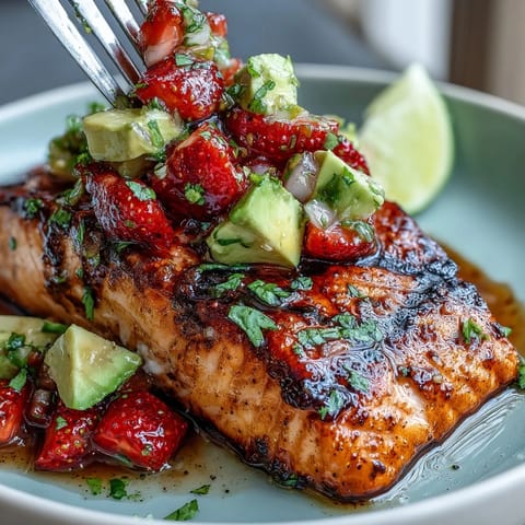 A vibrant plate of grilled salmon topped with fresh strawberry avocado salsa, perfect for summer dinners.  