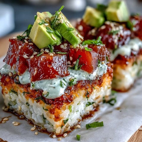 Crispy rice salad with avocado and spicy tuna, topped with sesame seeds and fresh herbs for a sushi-inspired main dish.  