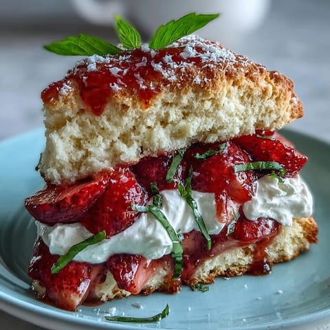 Fluffy biscuits layered with fresh strawberries, basil, and whipped cream for a summer dessert.  
