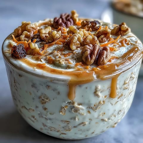 A jar of creamy carrot cake overnight oats with grated carrots, cinnamon, and crunchy walnuts, ready for a nourishing breakfast.