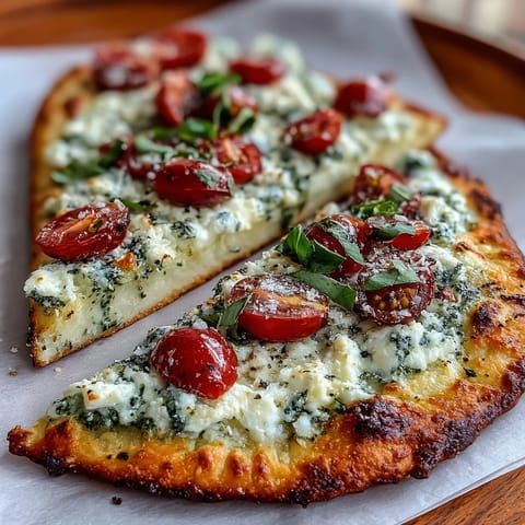Freshly baked cottage cheese flatbread topped with vibrant pesto and juicy cherry tomatoes, perfect for a light meal.