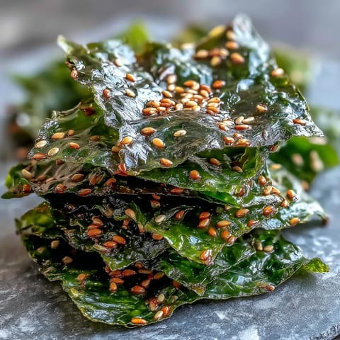 Crispy Seaweed Snack Chips with sesame seeds, baked golden brown, an easy healthy treat.