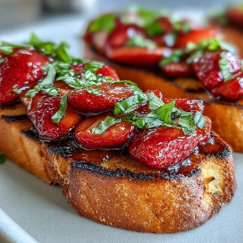 Delicious strawberry balsamic bruschetta, showcasing grilled sourdough and fresh basil.