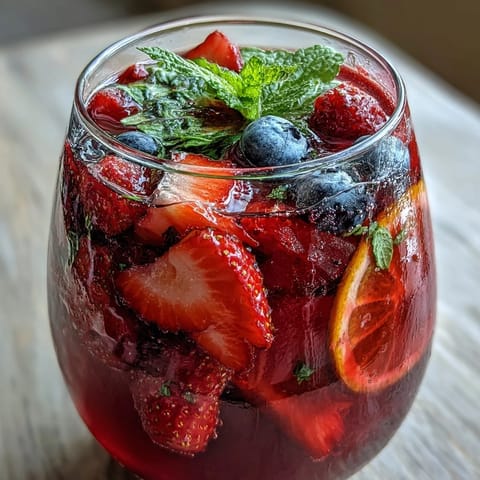 Vibrant Iced Hibiscus Berry Tea brimming with fresh, colorful fruit.