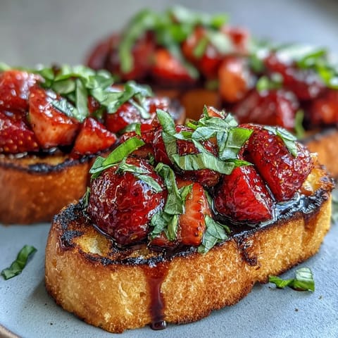 Vibrant strawberry balsamic bruschetta on grilled sourdough, a perfect summer appetizer.