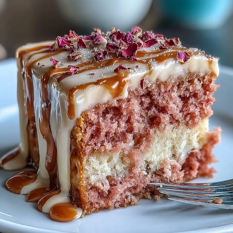 Pink velvet cake with rosé cream cheese frosting and beautiful gold accents.