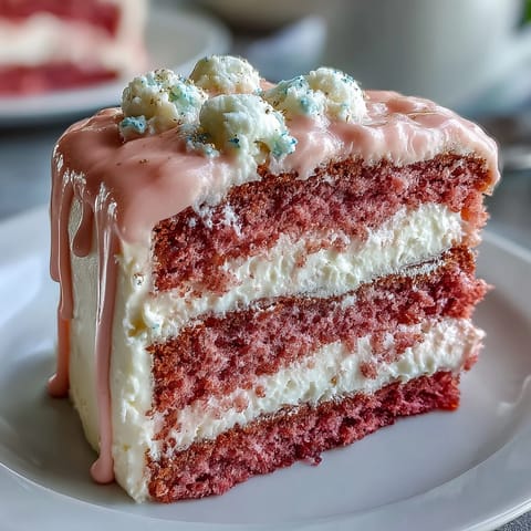 Luscious pink rosé velvet cake with elegant gold drip, perfect for parties.