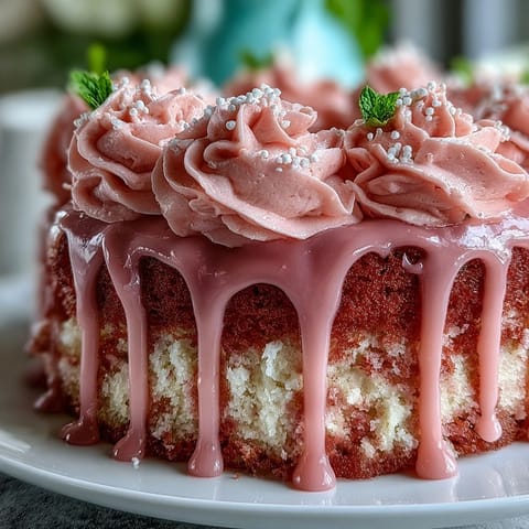 A blushing Bridal Shower Rosé Velvet Cake adorned with a shimmering gold drip.