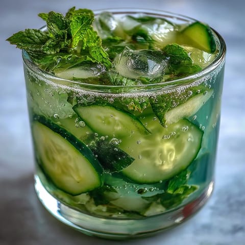 Sparkling Cucumber Mint Lemonade Mocktail: frosty glasses, vibrant green hue, refreshing summer drink.