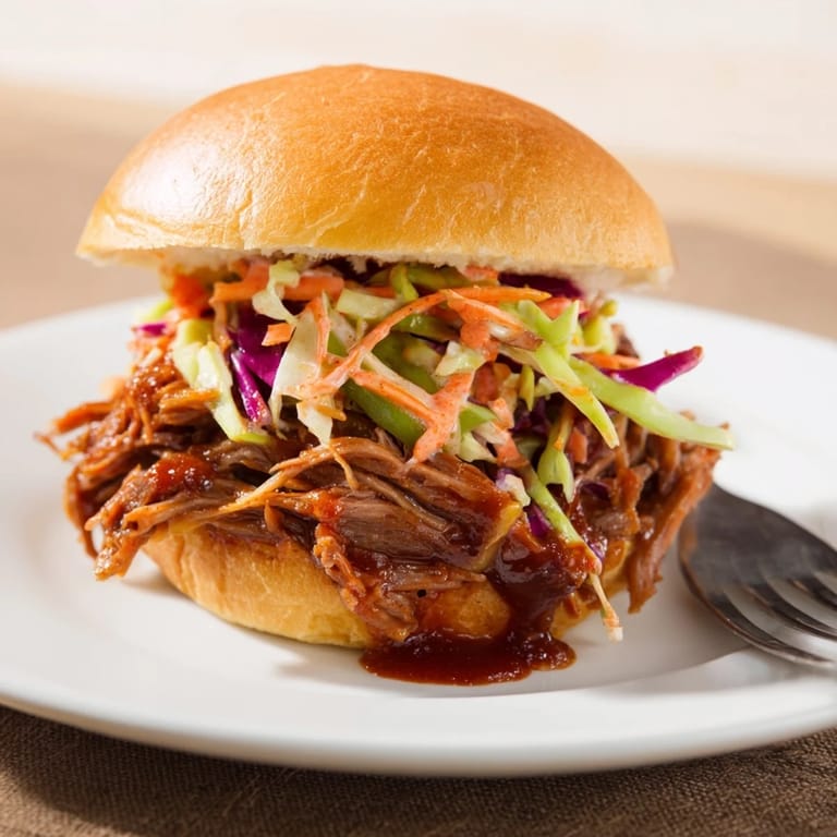 Deliciously shredded Tangy BBQ Pulled Pork Sliders layered with zesty slaw and rich sauce.  