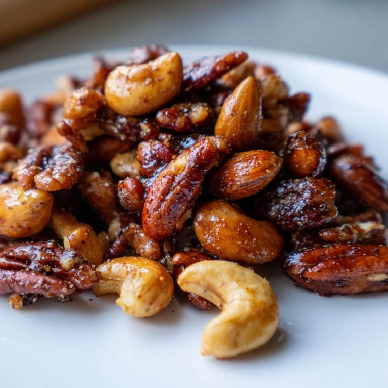 Golden-brown sweet and spicy roasted nuts garnished in a festive serving dish.  