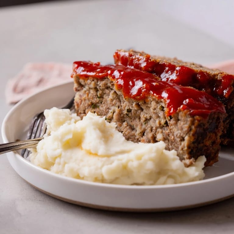 Savory classic meatloaf topped with sweet glaze and creamy mashed potatoes on the side.  