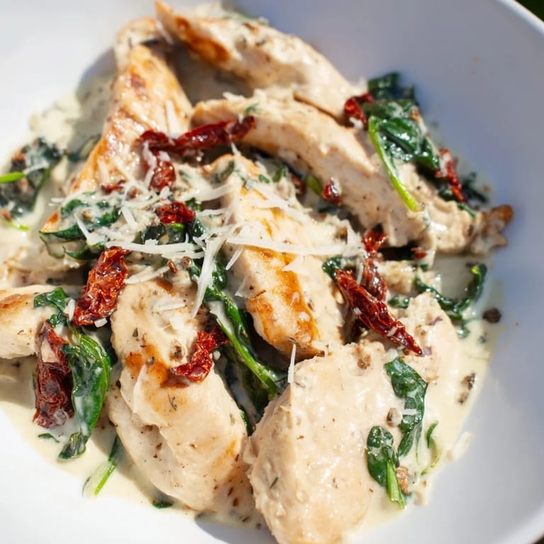 Delicious Creamy Tuscan Garlic Chicken served over pasta, garnished with fresh parsley.  