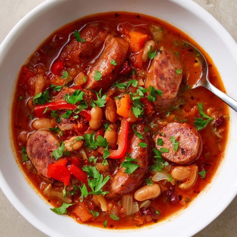 Warm and flavorful Spicy Sausage and Bean Stew served with fresh parsley garnish.  