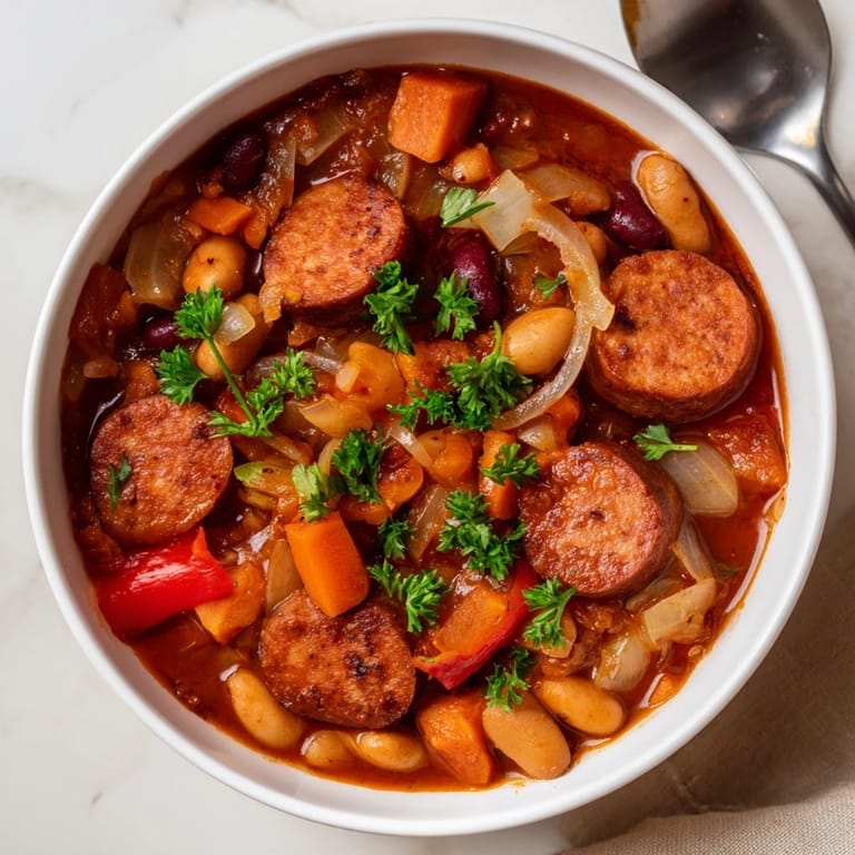 A comforting bowl of Spicy Sausage and Bean Stew packed with tender beans.