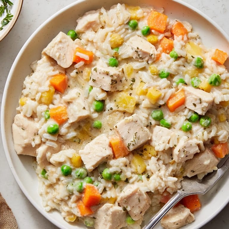 One-Pot Creamy Chicken and Rice, featuring tender chicken and vibrant vegetables.  