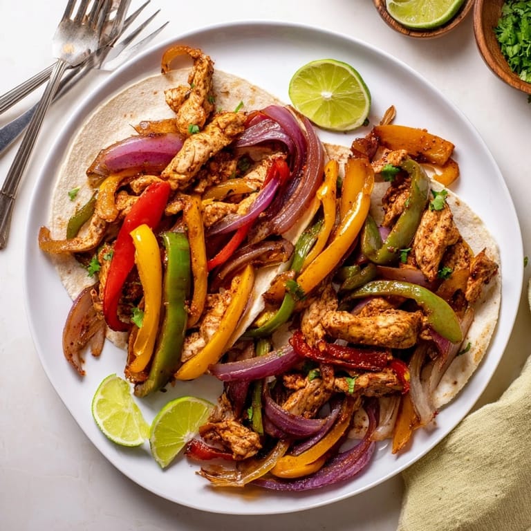 Colorful roasted sheet pan chicken fajitas served with warm tortillas and fresh cilantro.