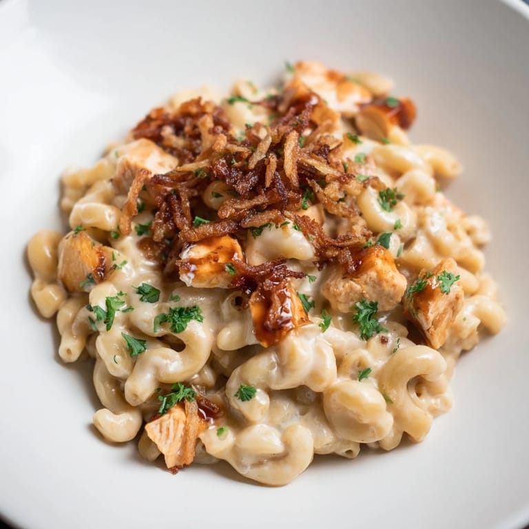 A close-up shot of creamy One-Pot Honey BBQ Chicken Mac and Cheese, showcasing the tender chicken and melted cheese.