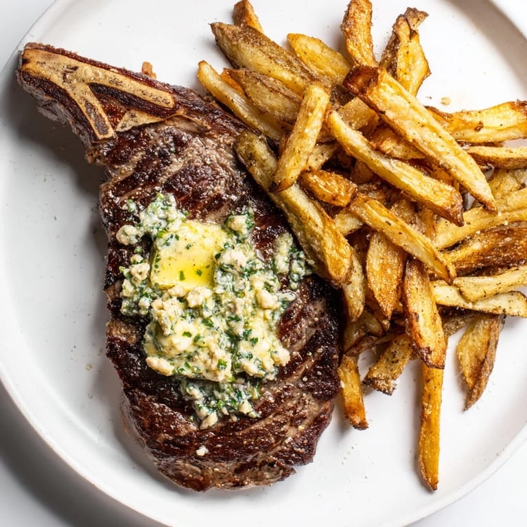 Juicy medium-rare Steakhouse Garlic Butter Steak & Fries, with fresh herbs on the steak, ready to eat alongside fries.
