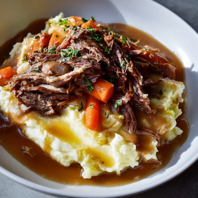 A close-up of a plated, delicious Slow Cooker Pot Roast with hearty vegetables and potatoes.