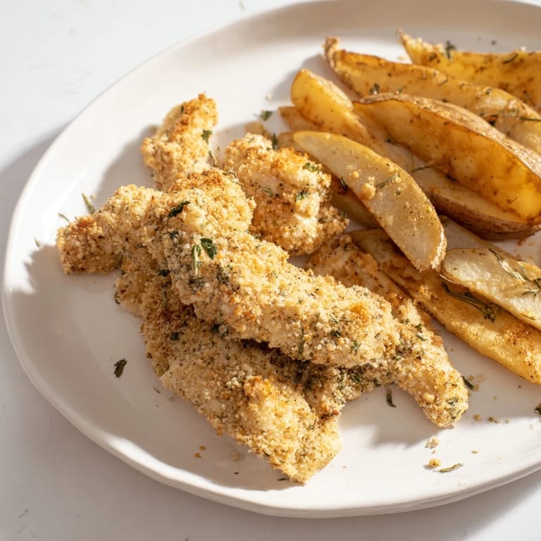 Herbed chicken tenders with a crunchy herb coating, served with browned potato wedges, perfect family meal.