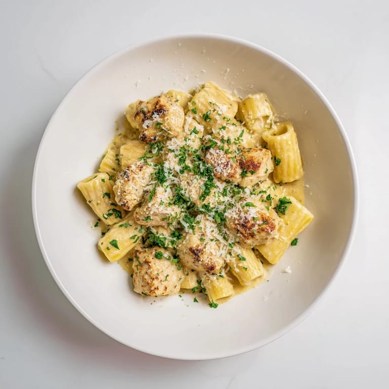 Fresh parsley brightens the aroma of this delicious Creamy Garlic Parmesan Chicken Rigatoni dish.