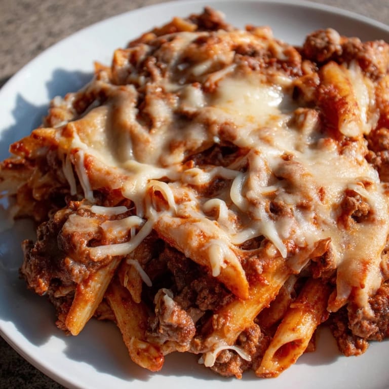 A close-up of a steaming cheesy Beef & Penne Bake, showcasing the rich tomato sauce and melted cheese.