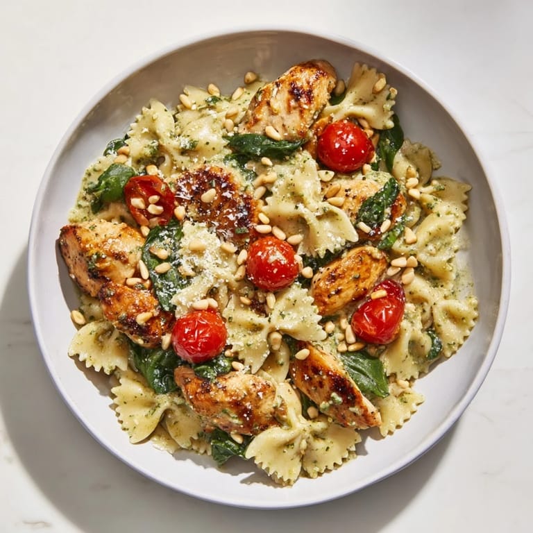 Creamy pesto coats the perfect Pesto Chicken Bowtie Pasta—a simple Italian-American weeknight favorite.