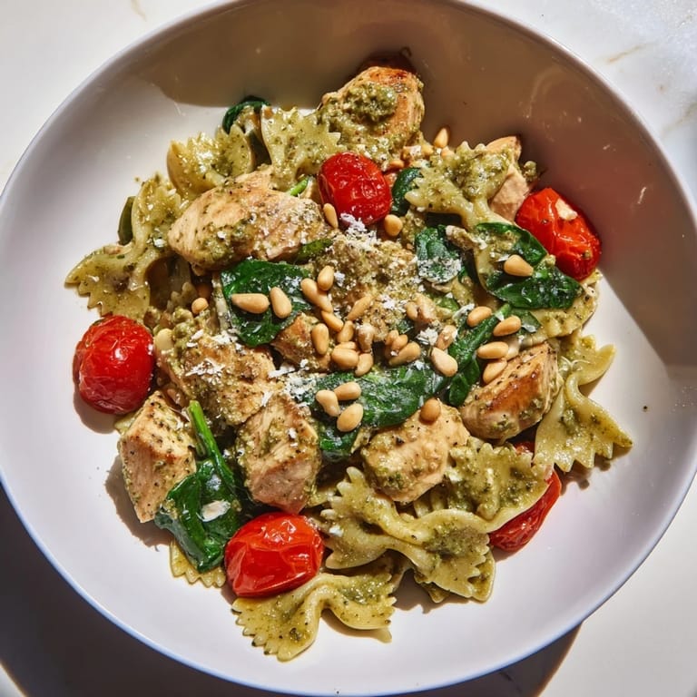 Beautiful bowl of Pesto Chicken Bowtie Pasta, garnished with fresh basil for a delicious presentation.