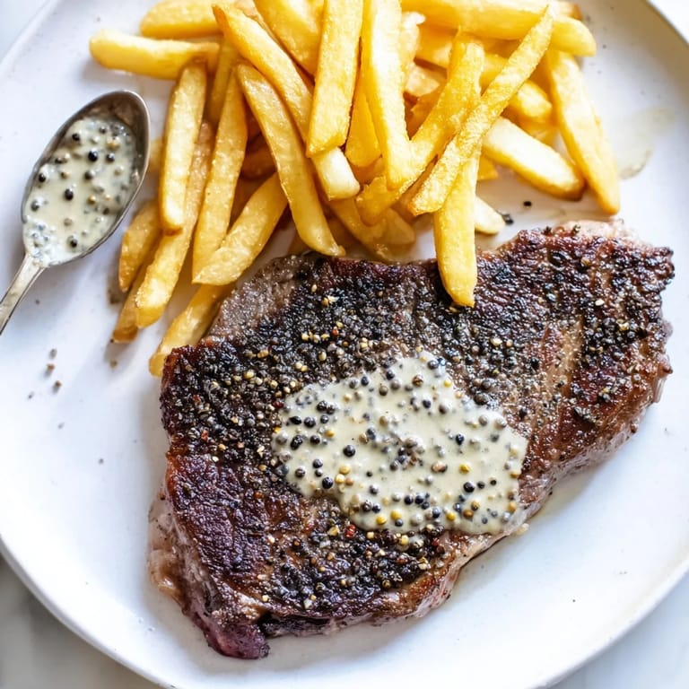 A close-up of a juicy Classic Peppercorn Ribeye, sliced to reveal a tender interior with crispy fries.
